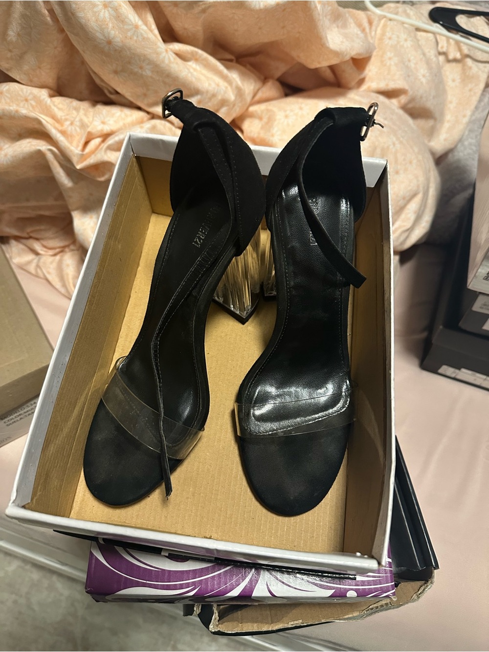 Forever 21 Black Heels with Clear Block Heel and Transparent Toe Strap